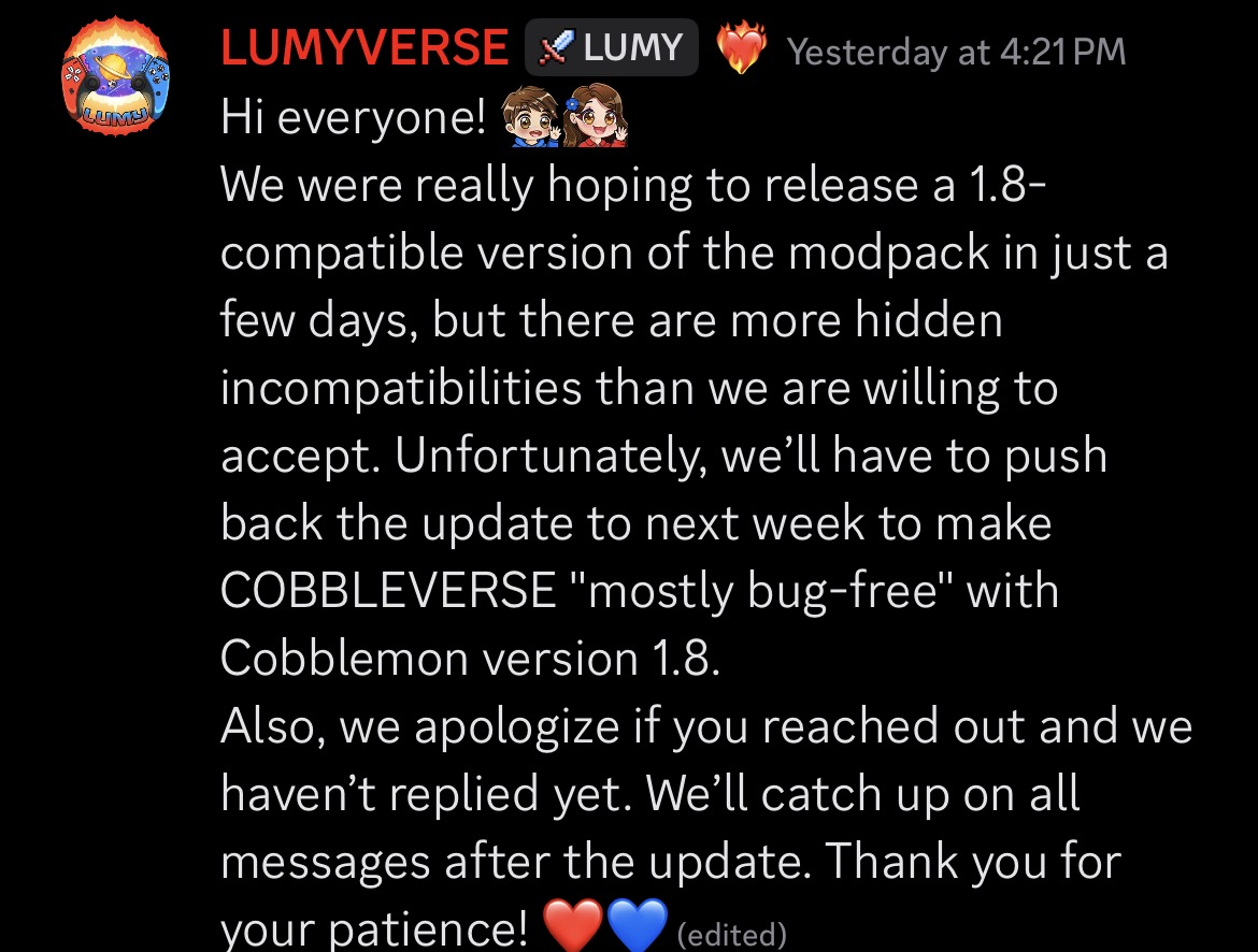CobbleTech: Lumy Update and Cobbleverse 1.8 Delay