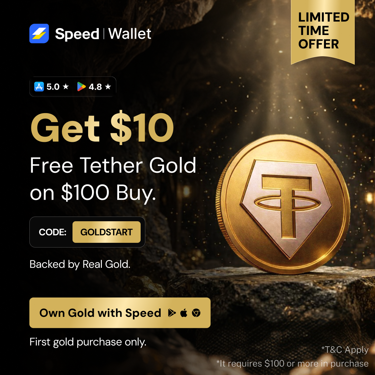 Get $10 Free Tether Gold with Speed Wallet