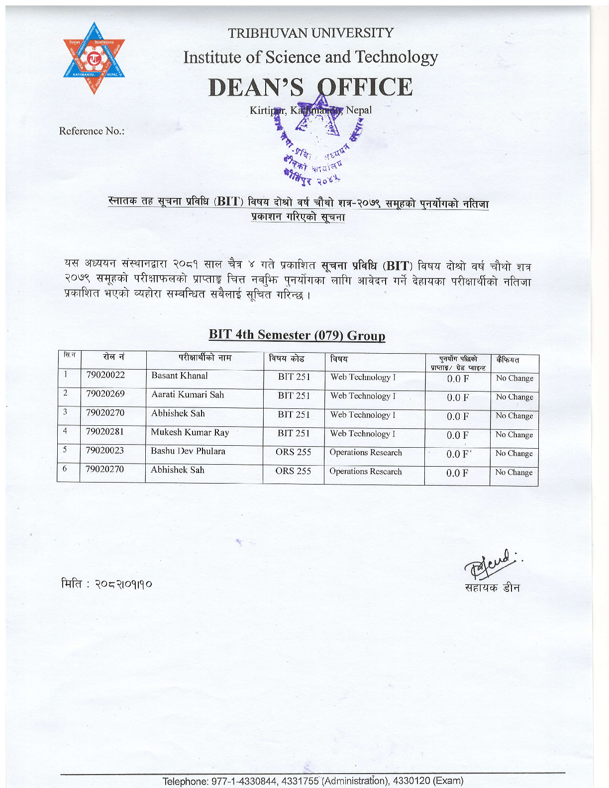 Re-totaling Result of Bachelor in Information Technology (BIT) IV Semester-2079 1