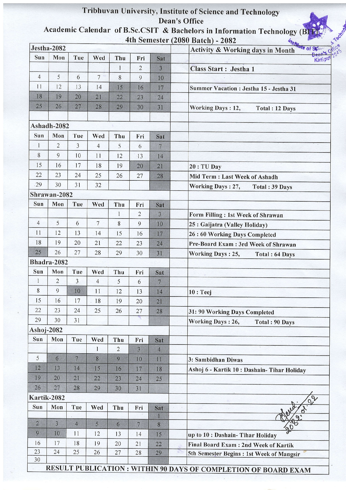 Academic Calendar of B.Sc.CSIT and Bachelor in Information Technology (BIT) IV Semester-2080 Batch 1
