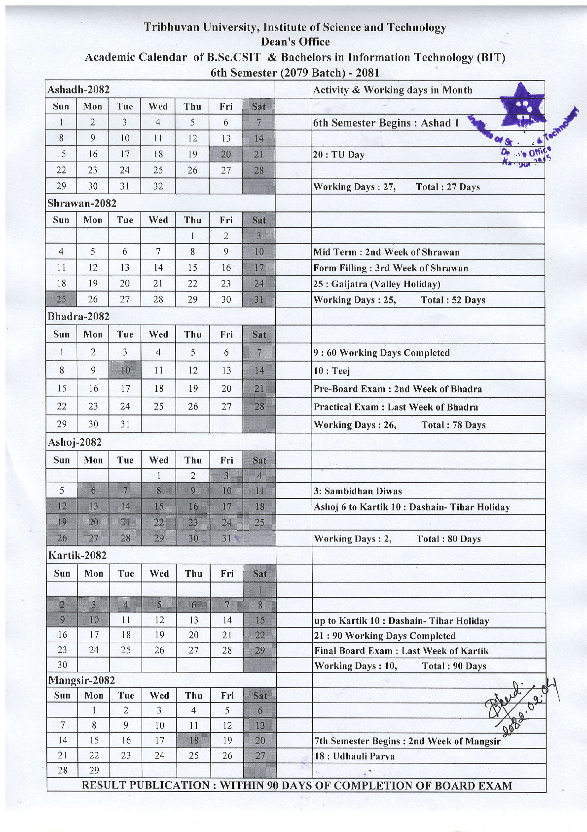 Academic Calendar of B.Sc.CSIT and Bachelor in Information Technology (BIT) VI Semester-2079 Batch 1