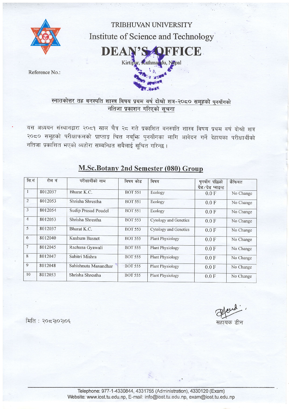 Re-totaling Result of M.Sc. Botany II Semester-2080 1