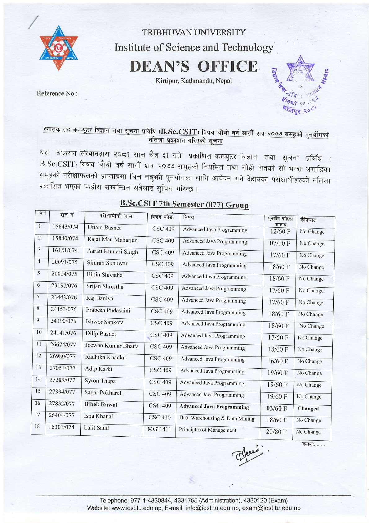 Re-totaling Result of B.Sc.CSIT VII Semester-2077 1