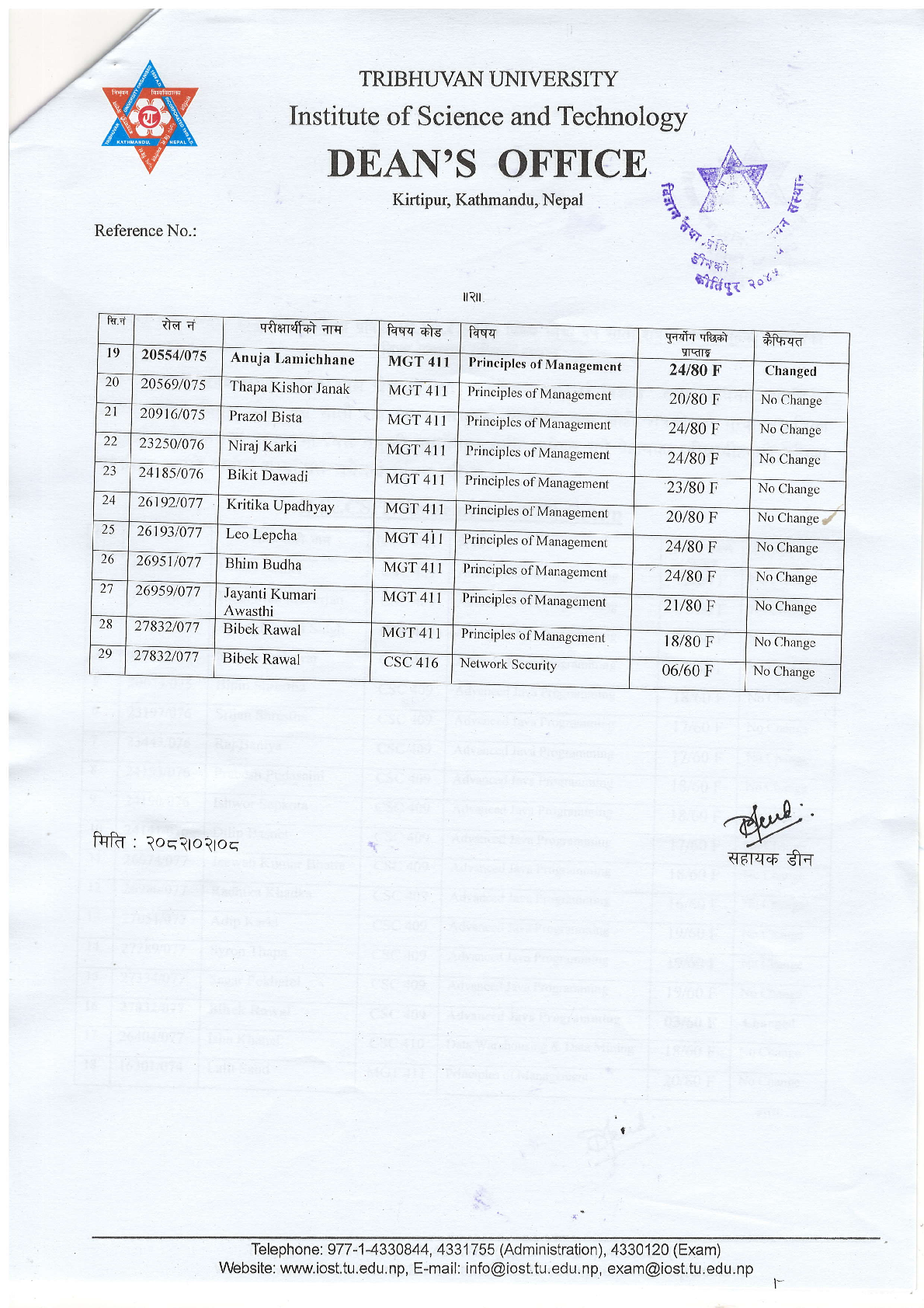 Re-totaling Result of B.Sc.CSIT VII Semester-2077 2