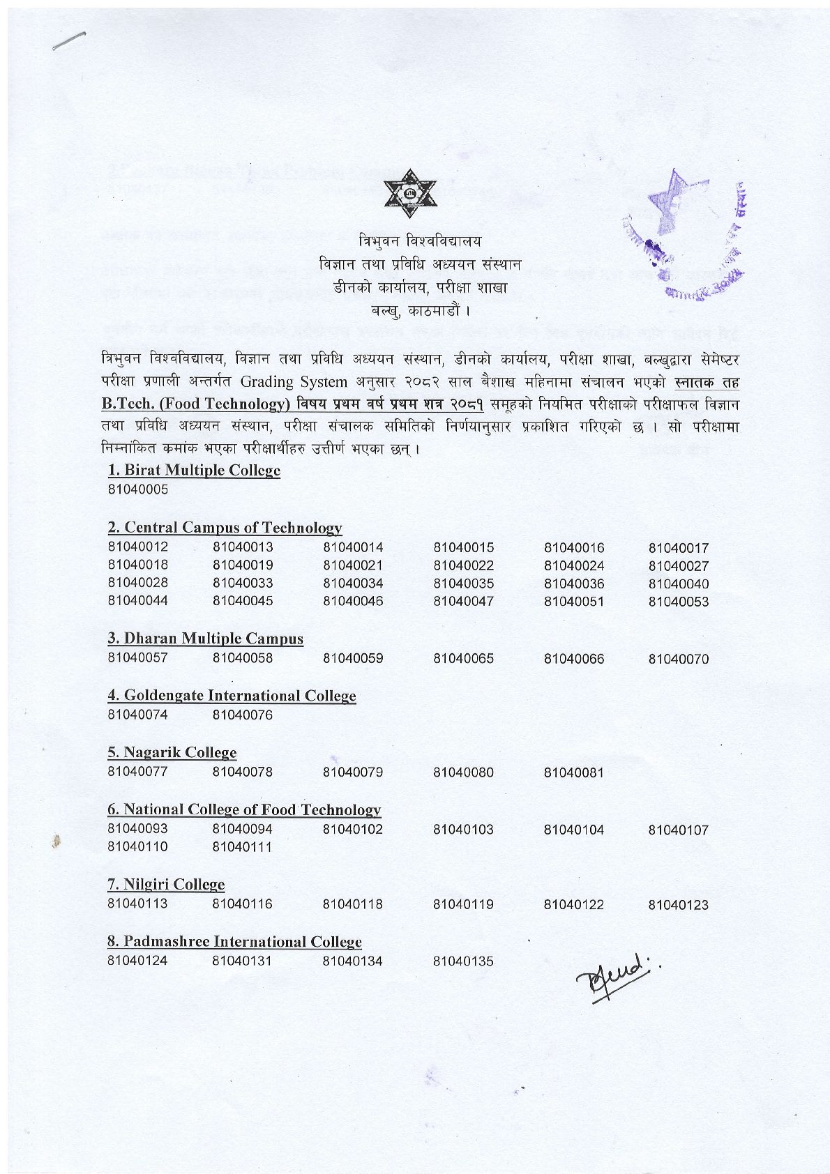 B.Tech.(Food Technology) I Semester-2081 Exam Result 1