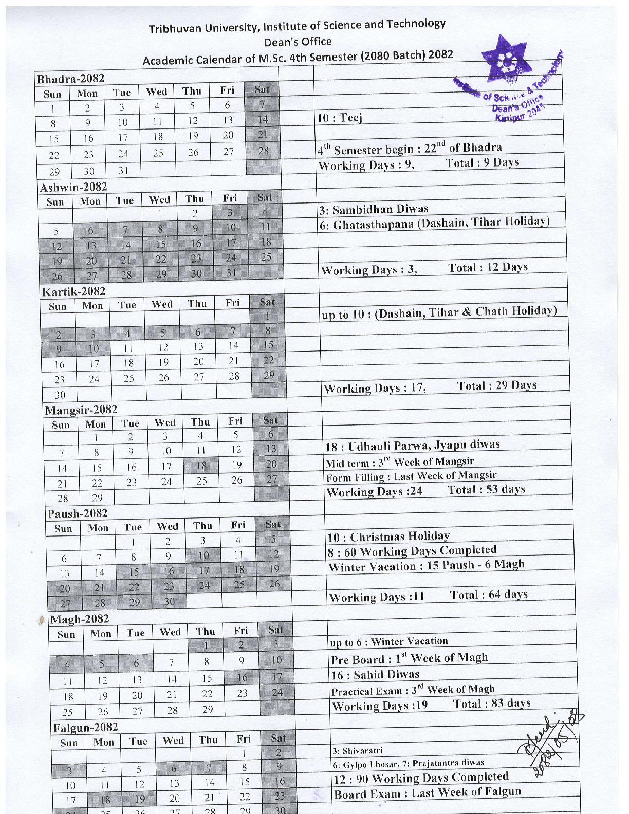 Academic Calendar of M.Sc. IV Semester 2080 Batch 1