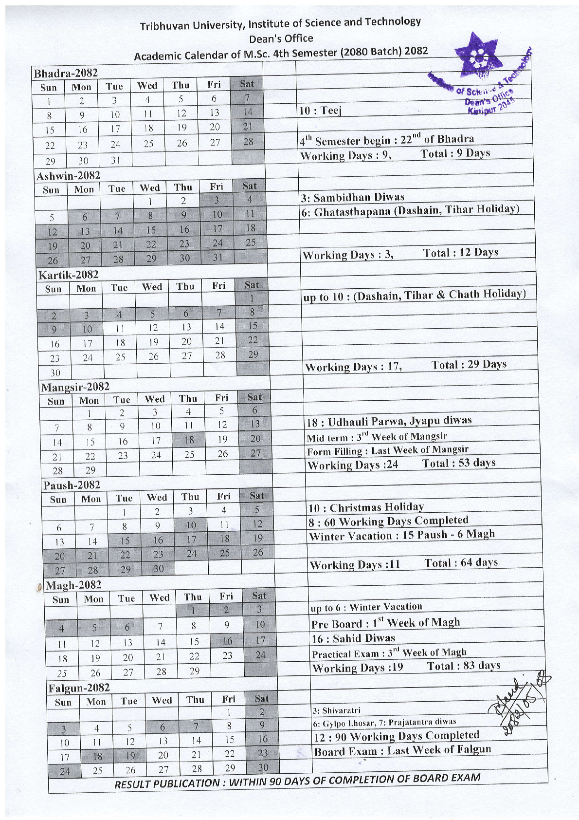 Academic Calendar of M.Sc. IV Semester 2080 Batch 1