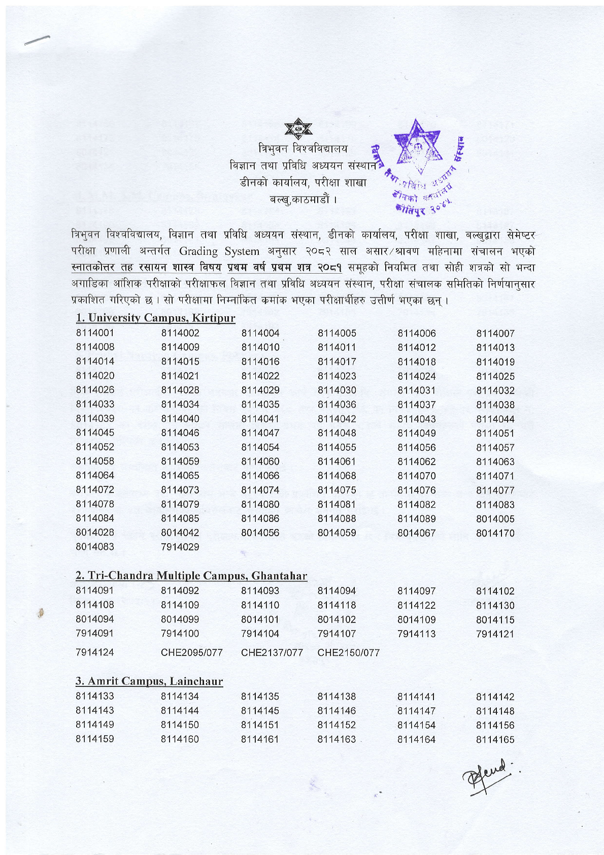 M.Sc. Chemistry I Semester-2081 Exam Result 1