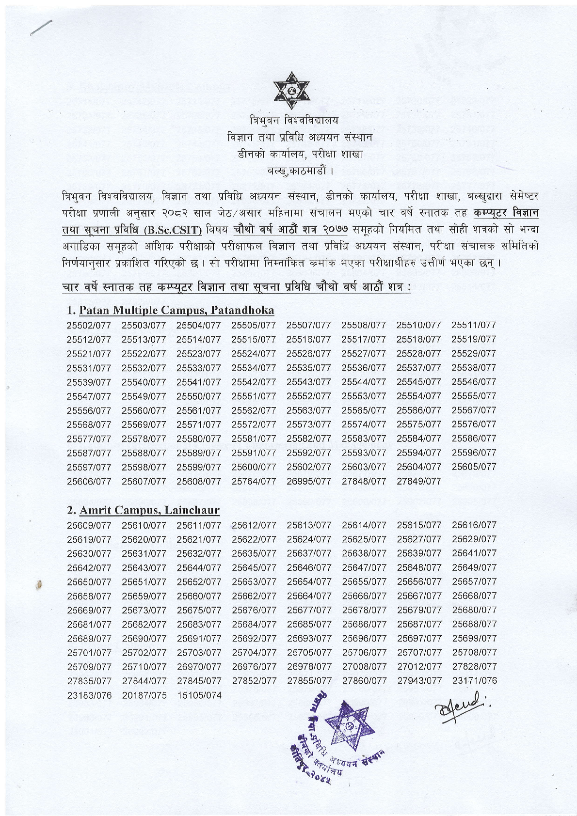 B.Sc.CSIT VIII Semester-2077 Exam Result 1