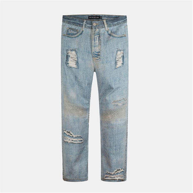 PRETTY BOY UGLY WORLD - Men's Printed Cotton Distressed Straight Leg Jeans