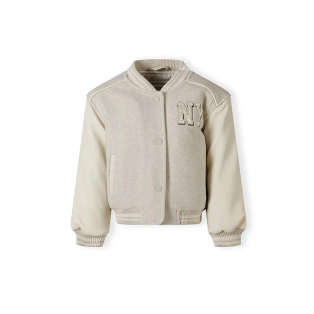 Minoti - Girls baseball style jacket with ny patch and faux leather sleeves beige