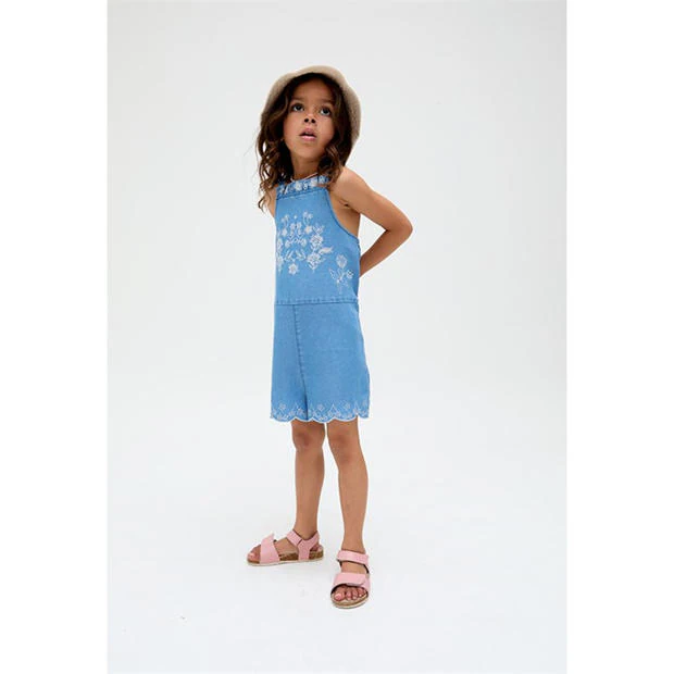 Raffya - Kids Rachel Scalloped Hem Embroidered Playsuit In Blue
