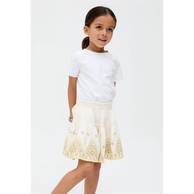 Raffya - Kids Staranisse Tiered All Over Embroidered Skirt In Cream