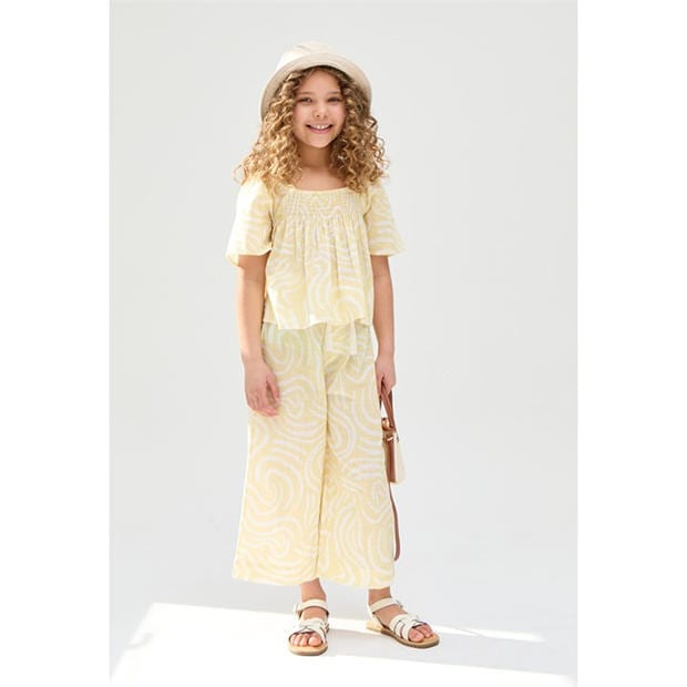 Raffya - Kids Nia Shirred Neck Zebra Swirl Print Co-Ords Set In Yellow