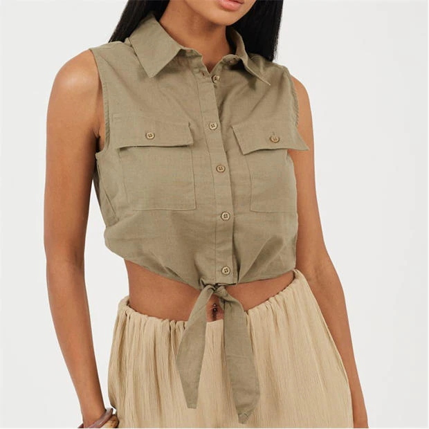 Brave Soul - Womens Sleeveless Collared Top with Tie Detail