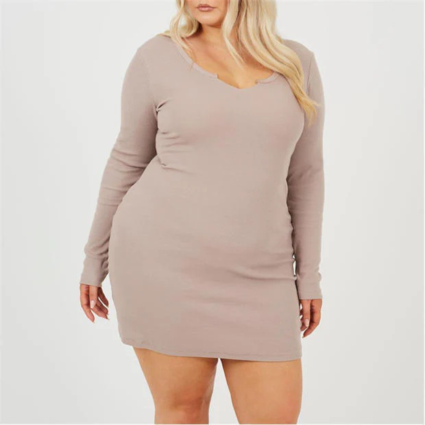 Brave Soul - Plus Size Long Sleeve Mini Dress with Notch Neck Detail