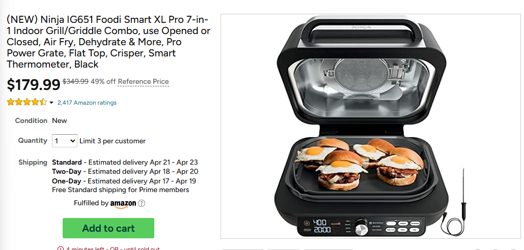 (NEW) Ninja IG651 Foodi Smart XL Pro 7-in-1 Indoor Grill/Griddle Combo, use Opened or Closed, Air Fry, Dehydrate & More, Pro Power Grate, Flat Top, Crisper, Smart Thermometer, Black