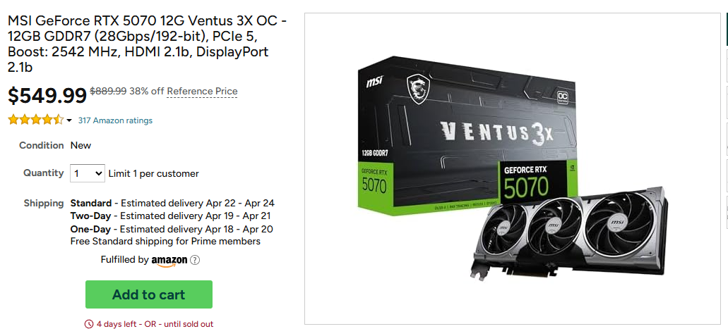 MSI GeForce RTX 5070 12G Ventus 3X OC - 12GB GDDR7 (28Gbps/192-bit), PCIe 5, Boost: 2542 MHz, HDMI 2.1b, DisplayPort 2.1b
