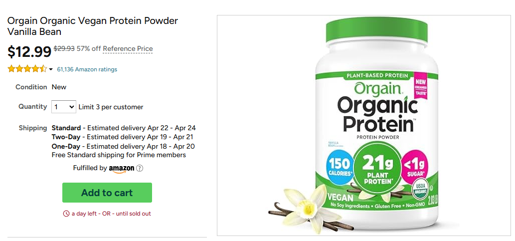 Orgain Organic Vegan Protein Powder Vanilla Bean