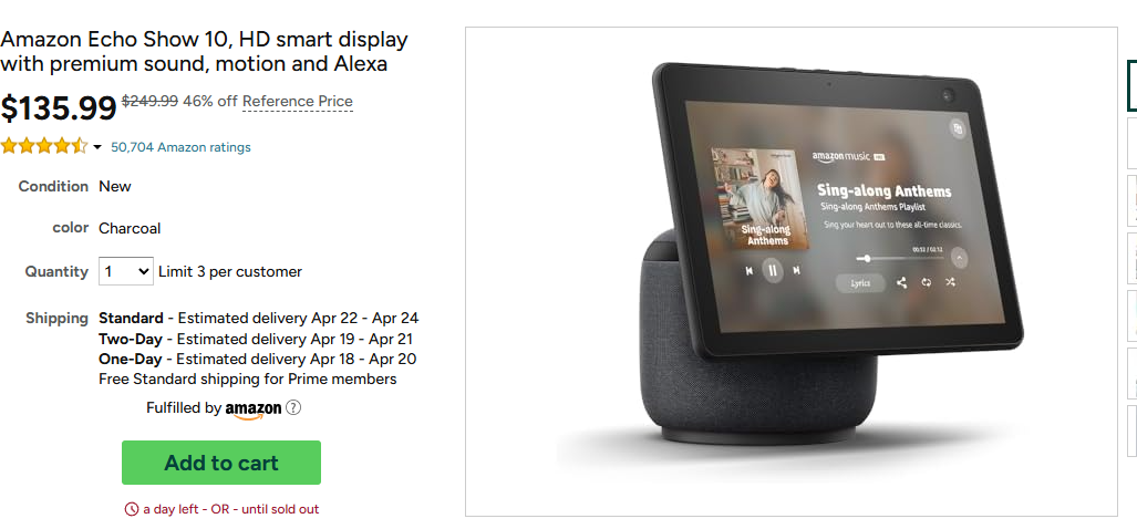 Amazon Echo Show 10, HD smart display with premium sound, motion and Alexa