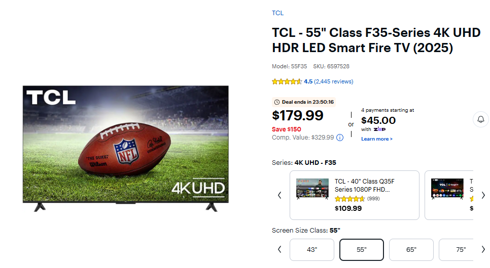 TCL - 55" Class F35-Series 4K UHD HDR LED Smart Fire TV (2025)