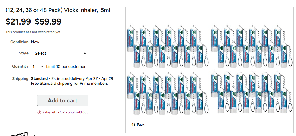 (12, 24, 36 or 48 Pack) Vicks Inhaler, .5ml