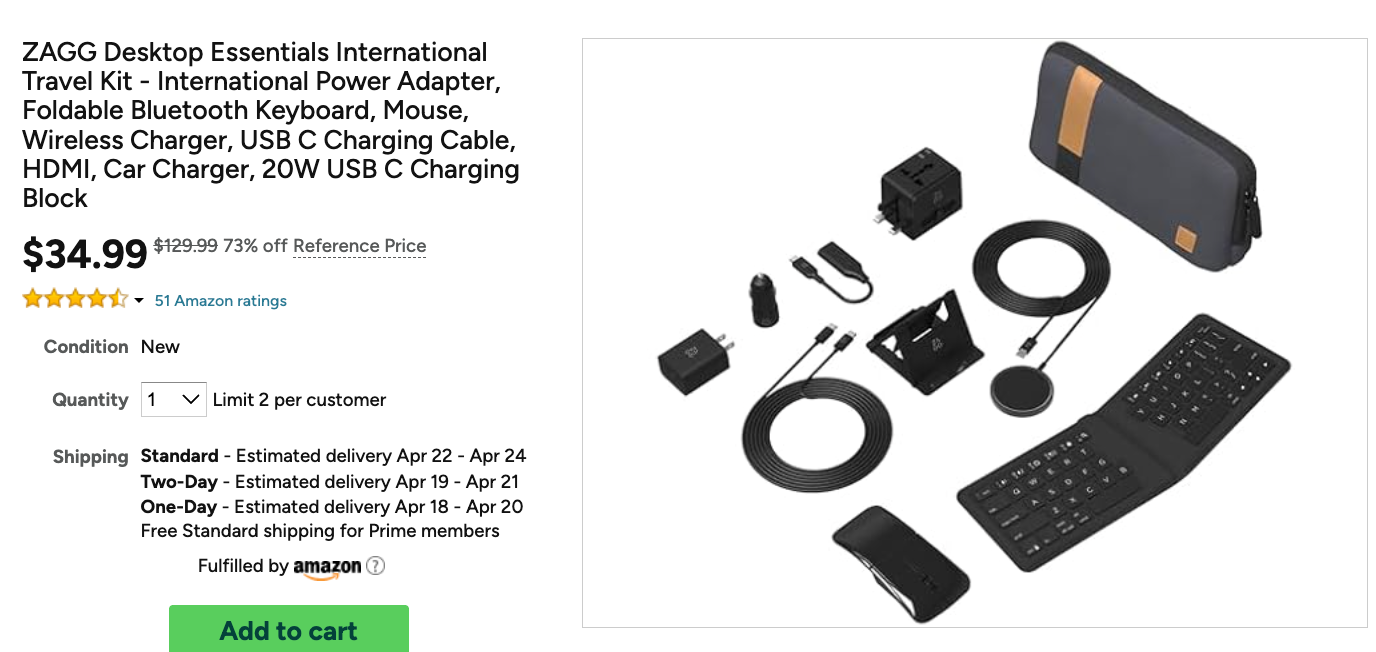 ZAGG Desktop Essentials International Travel Kit - International Power Adapter, Foldable Bluetooth Keyboard, Mouse, Wireless Charger, USB C Charging Cable, HDMI, Car Charger, 20W USB C Charging Block