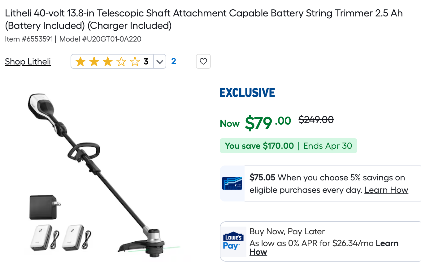 Litheli 40-volt 13.8-in Telescopic Shaft Attachment Capable Battery String Trimmer 2.5 Ah (Battery Included) (Charger Included)
