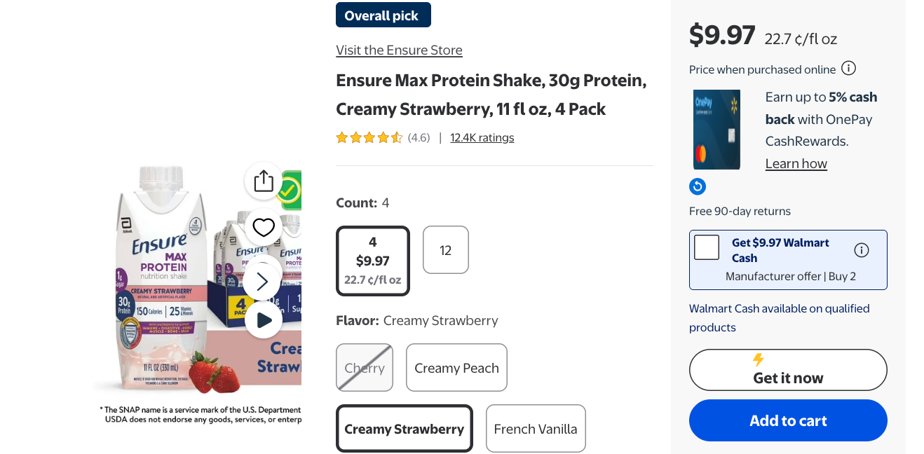 Ensure Max Protein Shake, 30g Protein, Creamy Strawberry, 11 fl oz, 4 Pack