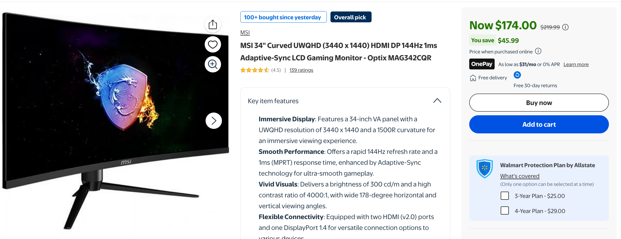 MSI 34" Curved UWQHD (3440 x 1440) HDMI DP 144Hz 1ms Adaptive-Sync LCD Gaming Monitor - Optix MAG342CQR