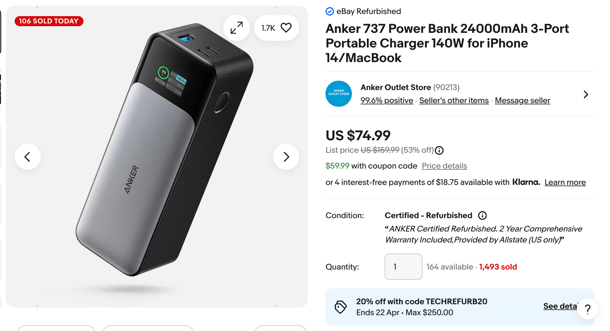 Anker 737 Power Bank 24000mAh 3-Port Portable Charger 140W for iPhone 14/MacBook