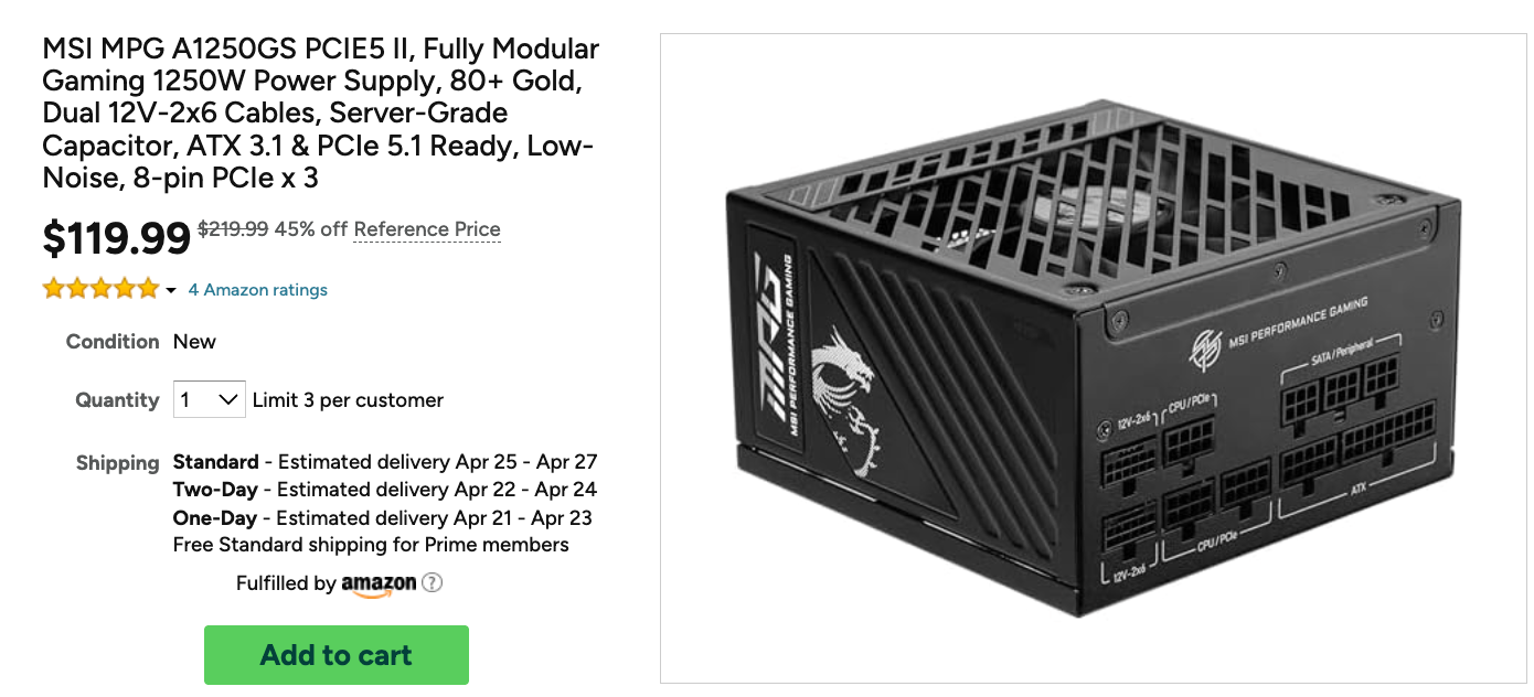 MSI MPG A1250GS PCIE5 II, Fully Modular Gaming 1250W Power Supply, 80+ Gold, Dual 12V-2x6 Cables, Server-Grade Capacitor, ATX 3.1 & PCIe 5.1 Ready, Low-Noise, 8-pin PCIe x 3