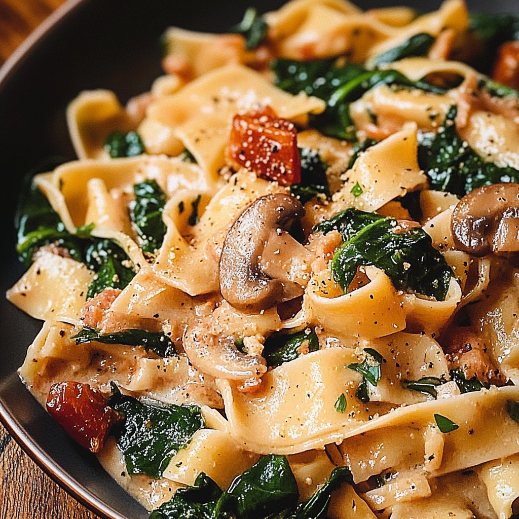 Farfalle mit Spinat, Pilzen und karamellisierten Zwiebeln