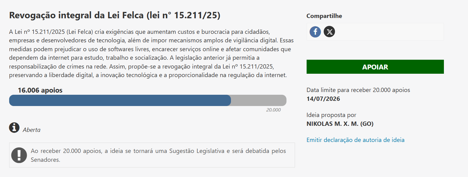 Site do Senado, vão lá ajudar. ![image-3.png](https://cdn.discordapp.com/attachments/1436221296806592553/1484643543065821265/image-3.png?ex=69f069cc&is=69ef184c&hm=f0e84e330eeb7acacb64a89aeaca12abe2c808169eb83f1d603bb59bacaee44c&)
