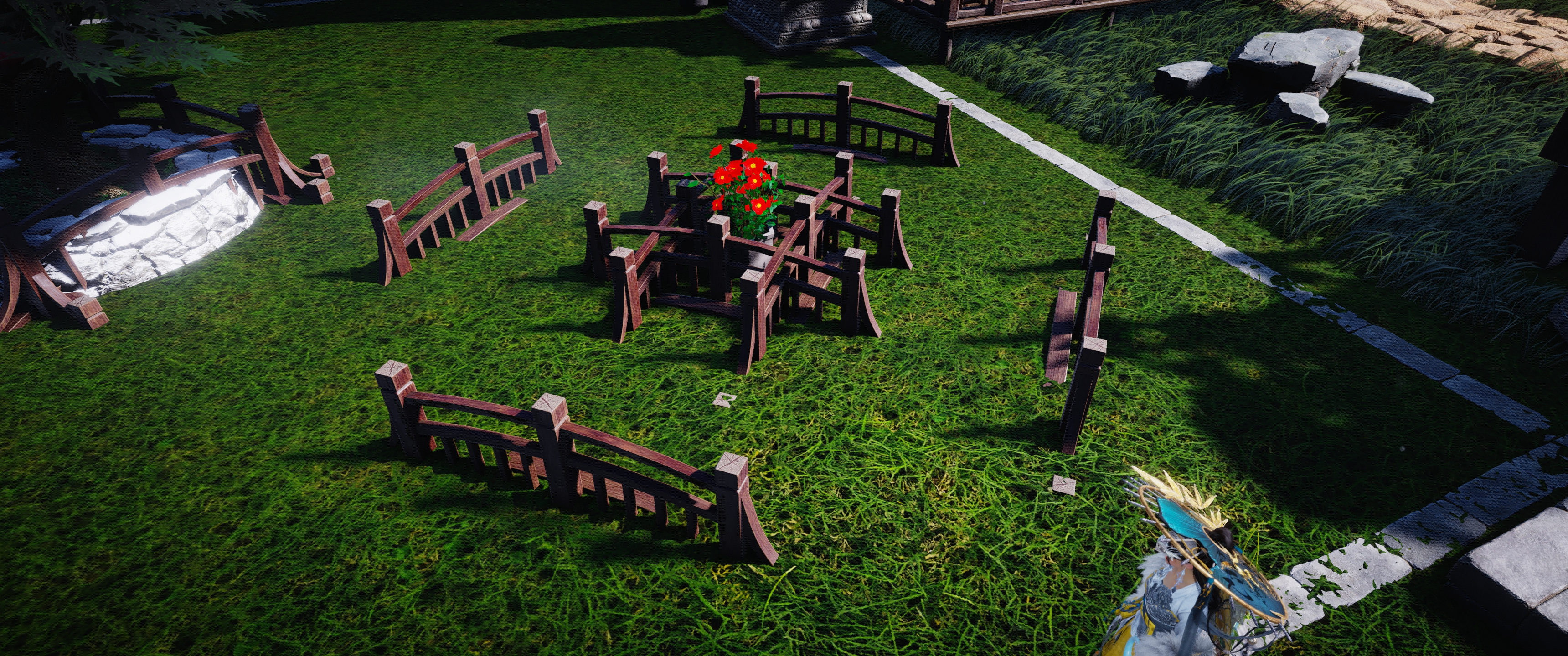 Wooden bridge sunk into the ground creating parallel fences — step 3