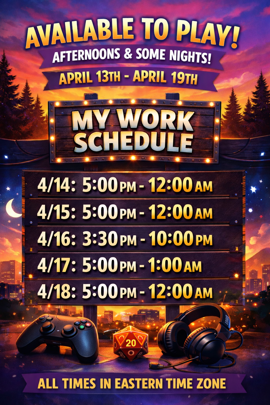 @Crew ![Gaming_availability_schedule_with_city_sunset.png](https://cdn.discordapp.com/attachments/1486866787659415714/1492230430143811638/Gaming_availability_schedule_with_city_sunset.png?ex=69e86b22&is=69e719a2&hm=a24035e77e27229dc9e964250c2b2426f3d224071e2fb0b0107a4ba7d1779b15&)