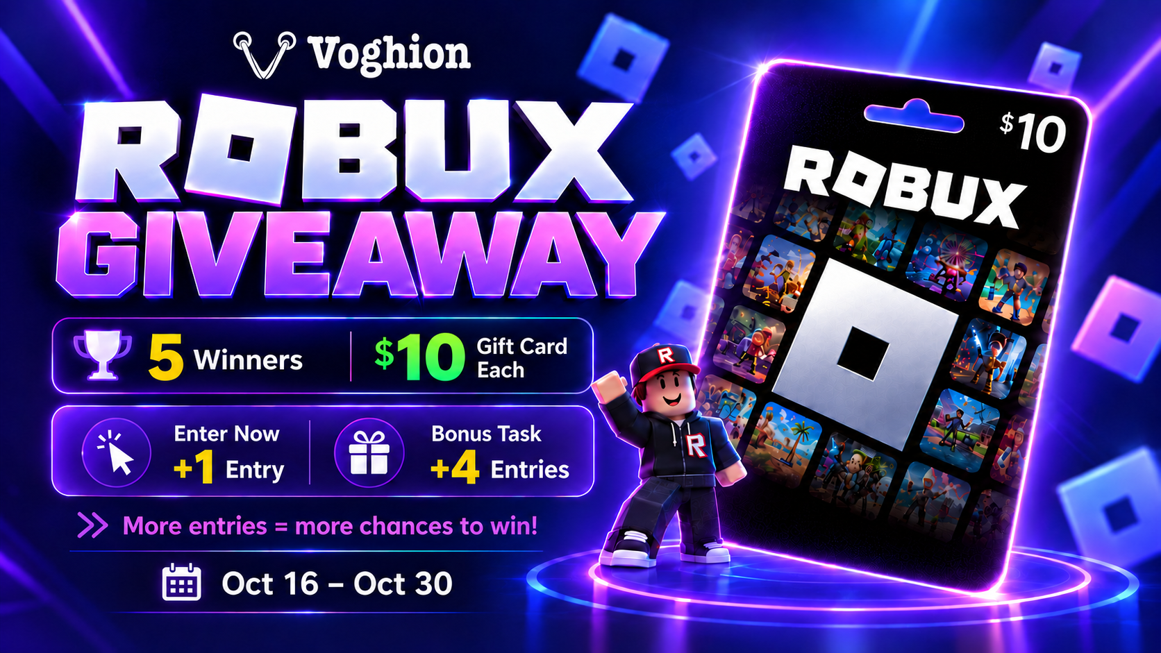 Win 1 of 5 $10 Roblox Gift Cards