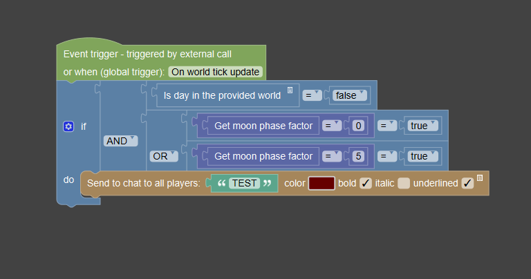 Procedure to say  "TEST" on new and full moons, with the 'on world tick update' trigger.