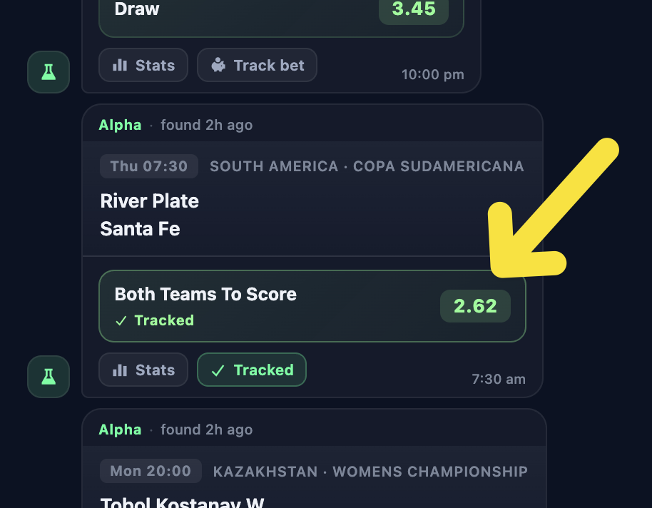 📈 New to Alpha: When tracking bets from the new alerts feed, you can now clearly see when a game has already been tracked.