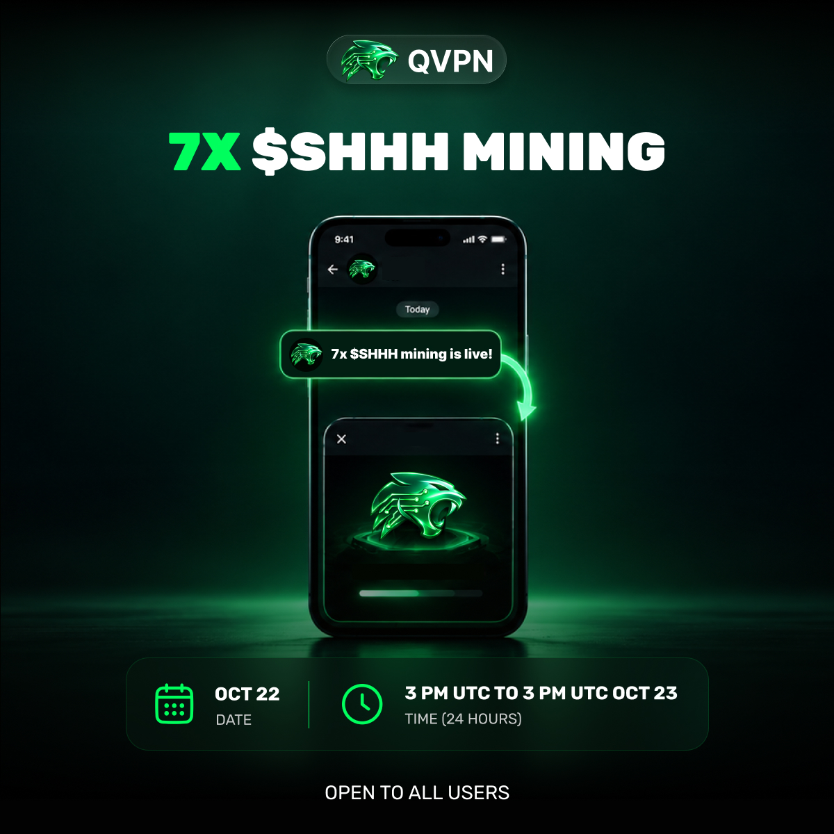 QVPN 7X $SHHH Mining Boost: 24-Hour Event