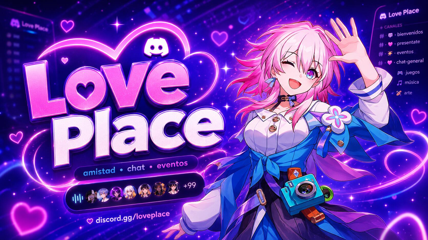 Discovery splash banner for Love Place š©· | VC Activoć»EspaƱolć»Socialć»Amigosć»Gamingć»Animeć»Juegosć»Argentinać»EspaƱać»Latamć»Comunidad Discord server