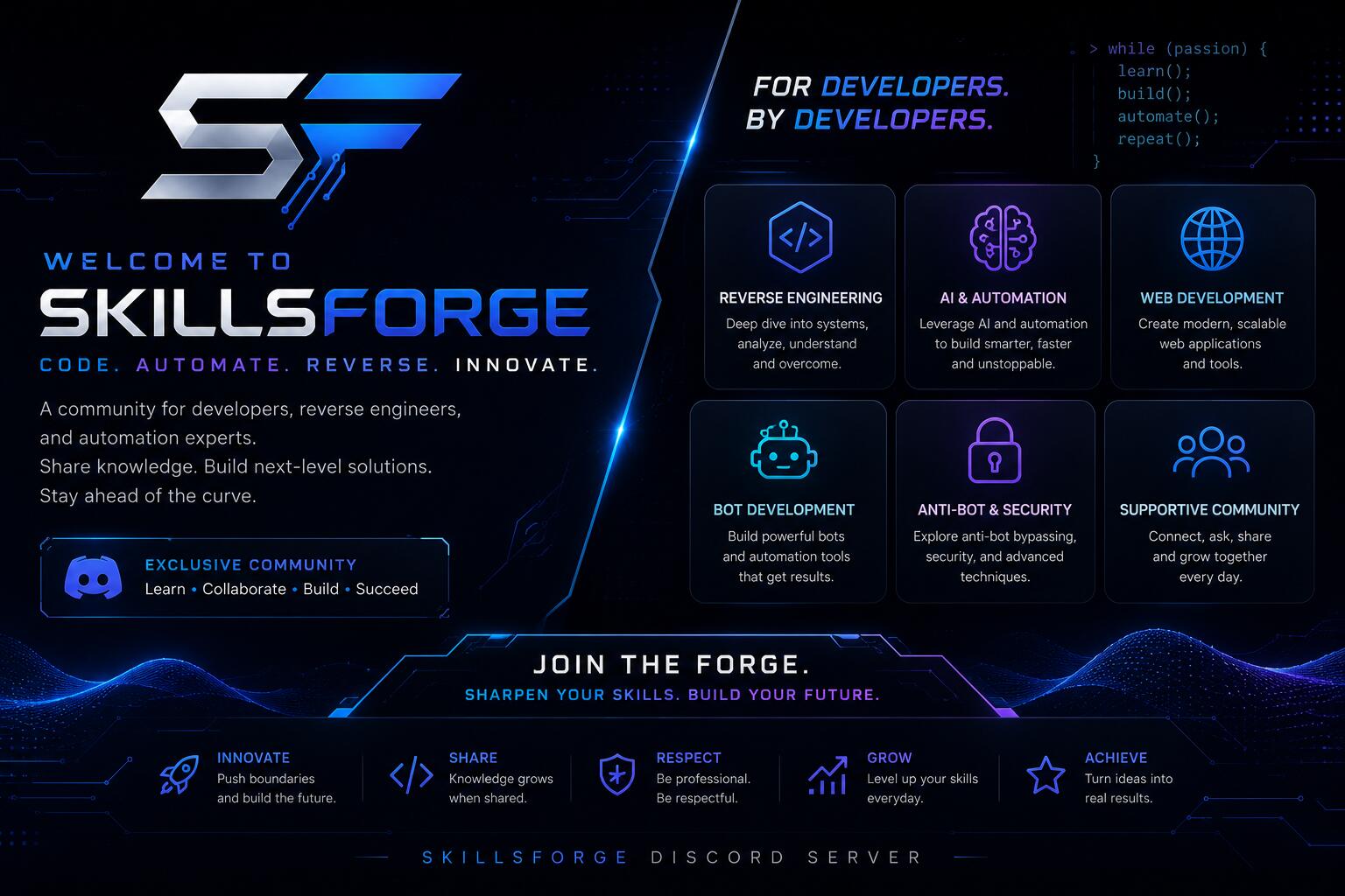 Discovery splash banner for SkillForge | Hire Developers & Freelancers Discord server