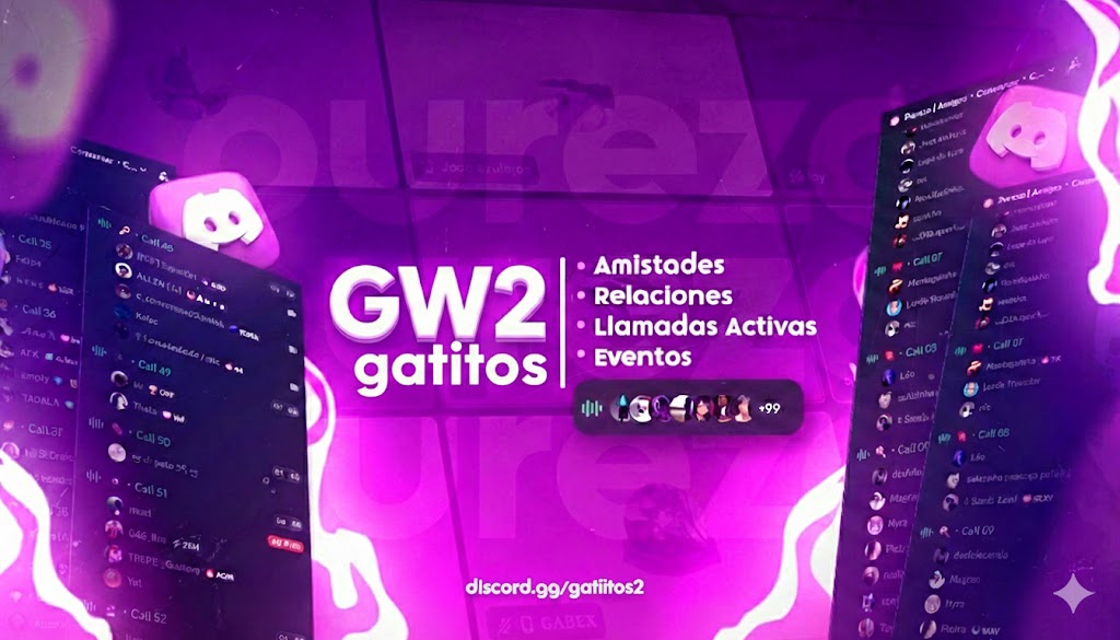 Discovery splash banner for GW2 🥤 | VC Activo 24/7・Español・Social・Gaming・Anime・Amigos・Hytale・LATAM・España・Argentina・Comunidad Discord server