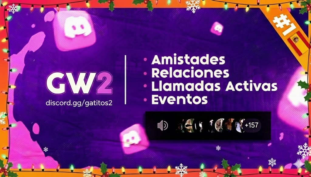Discovery splash banner for GW2 🎅🏻 | VC Activo 24/7・Español・Social・Gaming・Anime・Amigos・LATAM・España・Argentina・Comunidad Discord server