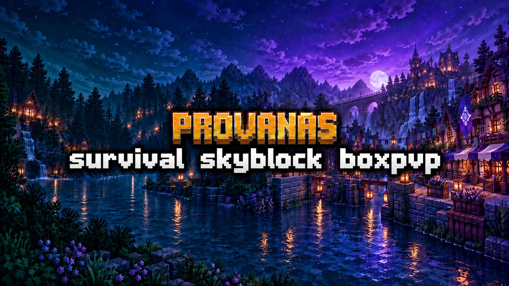 Discovery splash banner for Provanas | Minecraft #SMP #Skyblock #Survival #BoxPvP #Towny Discord server