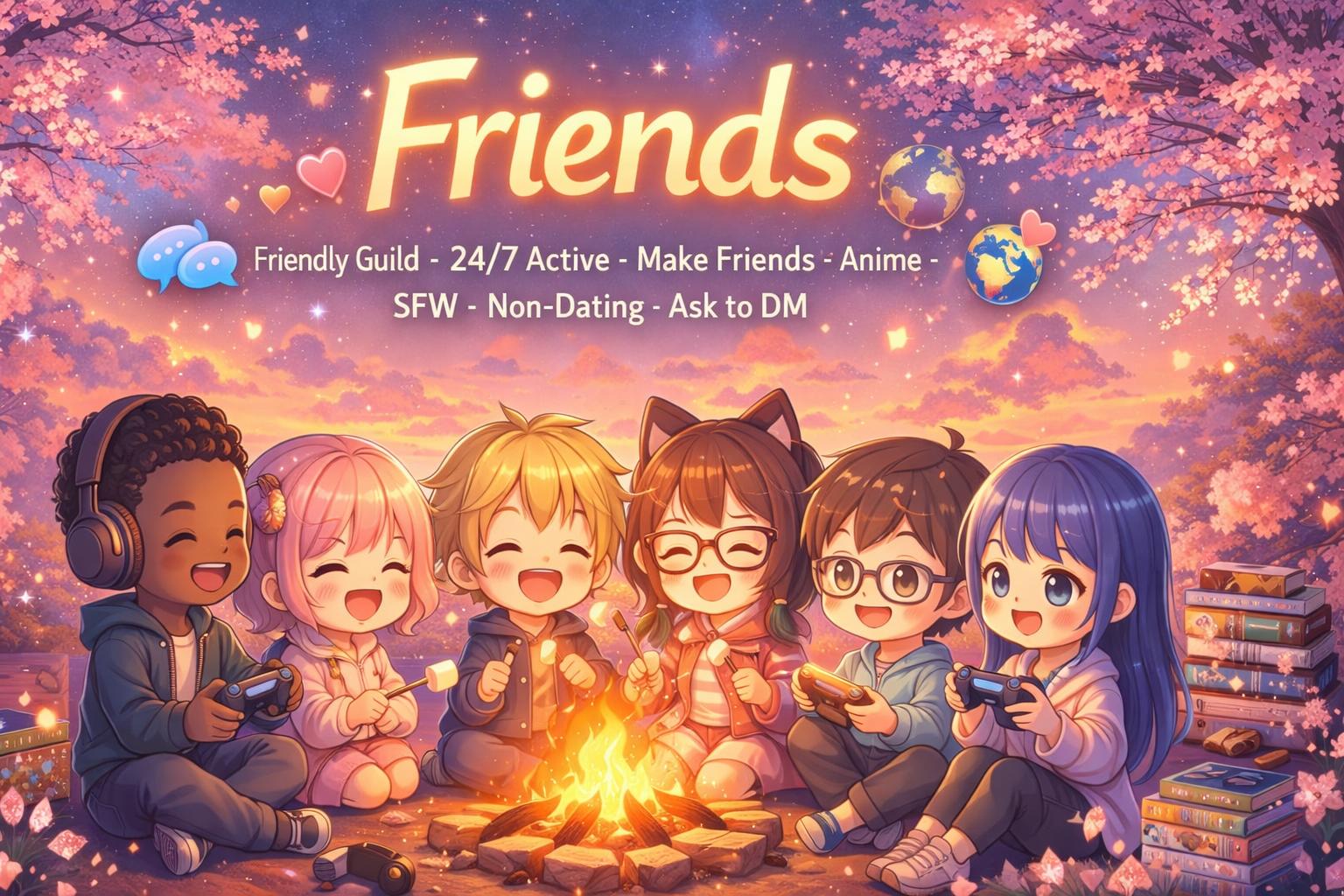 Discovery splash banner for Friends | Friendly ⋅ Guild ⋅ 24/7 Active ⋅ Make Friends ⋅ Anime ⋅ Sfw ⋅ non dating ⋅ asktodm ⋅ dm Discord server