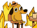A cartoon dog wearing a hat sits on a chair with a blank expression while flames surround him.