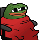 Pepe the Frog sitting in a chair wrapped in a red blanket with a smug expression.