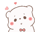 A cute white bear with pink cheeks tilts its head while small pink hearts float around it.