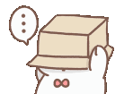 A small white bear with pink cheeks pulls a cardboard box over its head to hide.